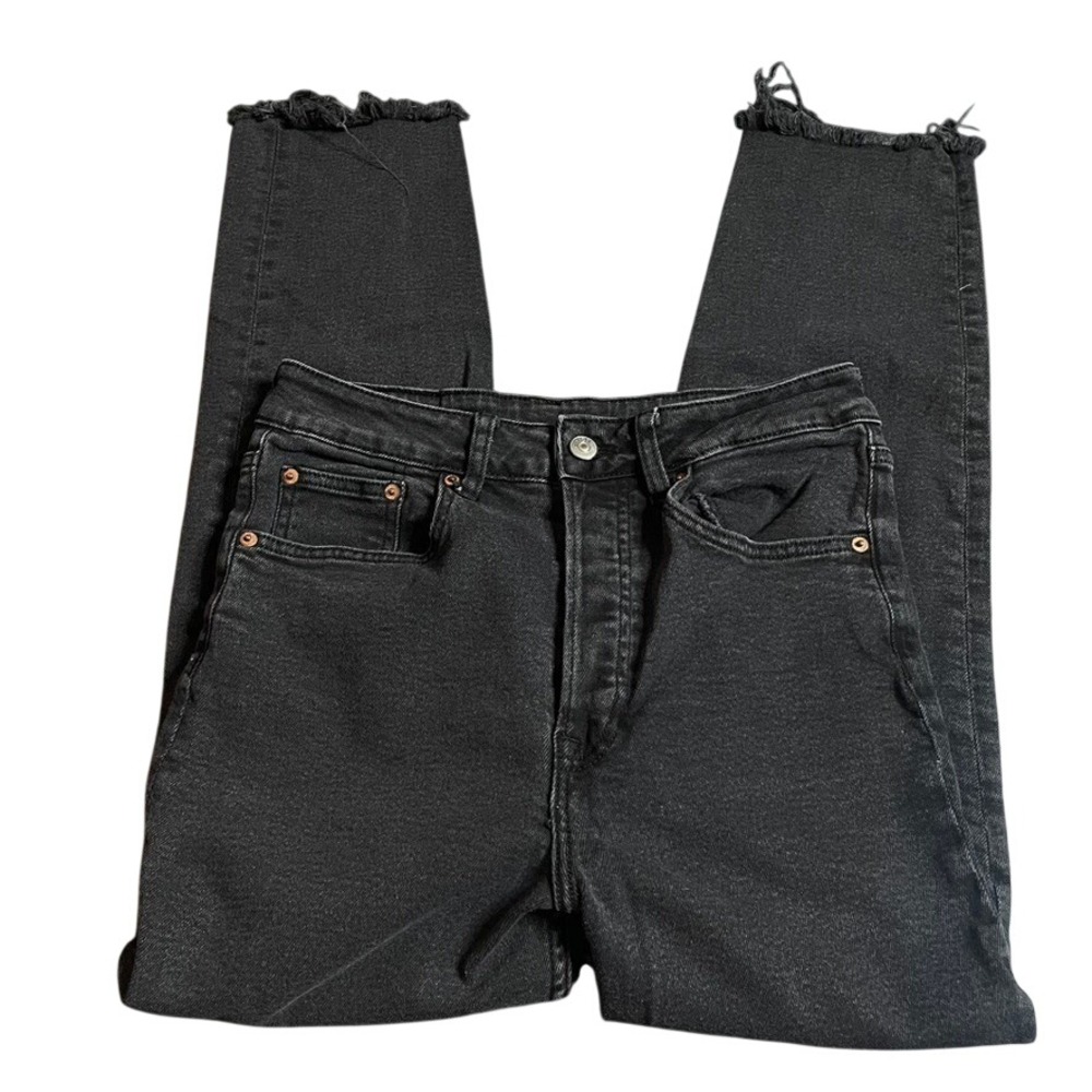 H&M Divided Black High Waisted Raw Hem Straight Leg Jeans 8‎ Button Fly Medium - Picture 2 of 5